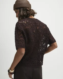 Brown Knitted Crochet Short Sleeve Cardigan