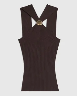 Brown Knitted Halter Neck Brooch Top