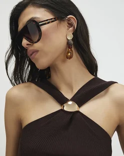 Brown Knitted Halter Neck Brooch Top