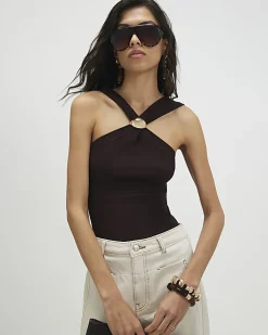 Brown Knitted Halter Neck Brooch Top