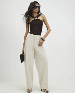 Brown Knitted Halter Neck Brooch Top