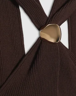 Brown Knitted Halter Neck Brooch Top