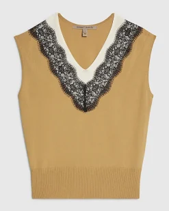 Brown Knitted Lace Trim V Neck Top