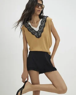 Brown Knitted Lace Trim V Neck Top
