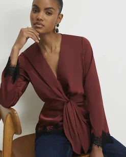 Brown Knot Front Lace Top
