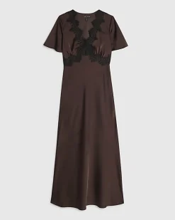 Brown Lace Satin Short Sleeve Slip Maxi Dress