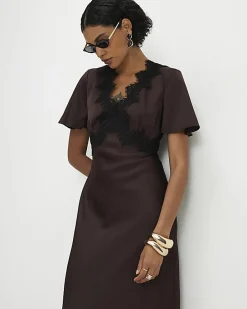 Brown Lace Satin Short Sleeve Slip Maxi Dress