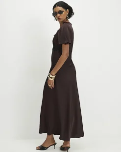 Brown Lace Satin Short Sleeve Slip Maxi Dress