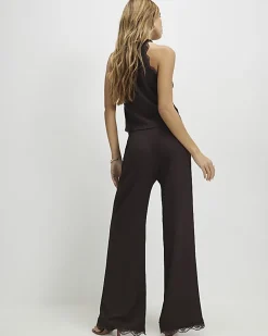 Brown Lace Trim Textured Wide Leg Trousers
