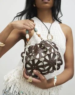 Brown Laser Cut Flower Cross Body Bag