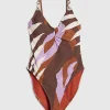 Brown Leaf Print Shaping Swimsuit
