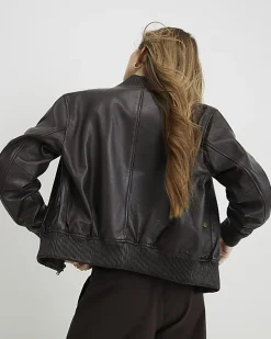 Brown Leather Bomber Jacket
