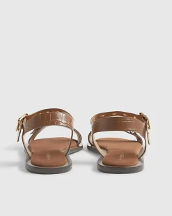 Brown Leather Buckle Detail Flat Sandals