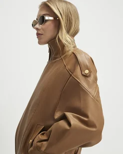 Brown Leather Funnel Bomber Jacket