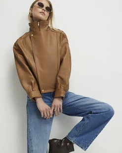 Brown Leather Funnel Bomber Jacket