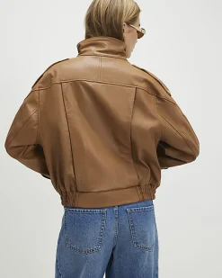 Brown Leather Funnel Bomber Jacket