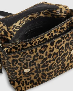 Brown Leather Leopard Print Cross Body Bag