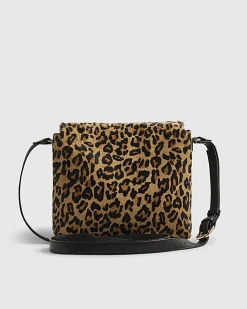 Brown Leather Leopard Print Cross Body Bag