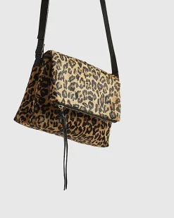 Brown Leather Leopard Print Cross Body Bag