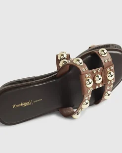 Brown Leather Studded Flat Sandals