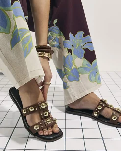 Brown Leather Studded Flat Sandals