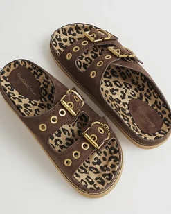 Brown Leopard Footbed Double Strap Sandals