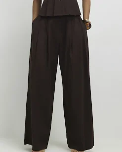 Brown Linen Blend Tailored Wide Leg Trousers