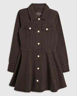 Brown Long Sleeve Button Up Denim Mini Dress