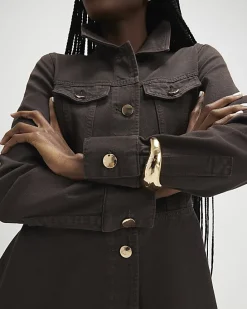 Brown Long Sleeve Button Up Denim Mini Dress