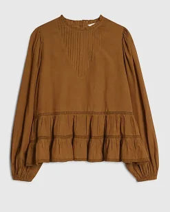 Brown Long Sleeve Lace Detail Smock Top