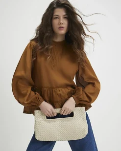 Brown Long Sleeve Lace Detail Smock Top