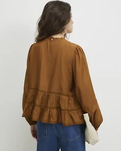 Brown Long Sleeve Lace Detail Smock Top