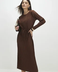 Brown Long Sleeve Plisse Belted Midi Dress