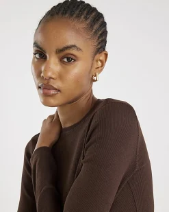 Brown Long Sleeve Ribbed Crew Neck Top