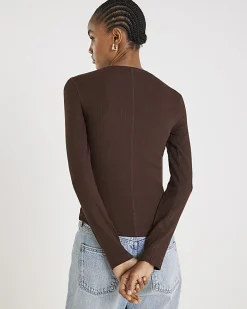 Brown Long Sleeve Ribbed Crew Neck Top