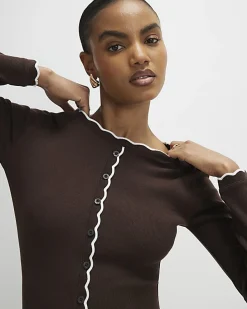 Brown Long Sleeve Scallop Trim Button Top