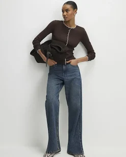 Brown Long Sleeve Scallop Trim Button Top