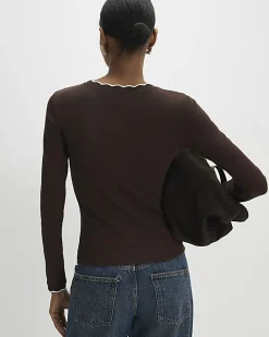 Brown Long Sleeve Scallop Trim Button Top