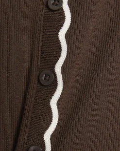 Brown Long Sleeve Scallop Trim Button Top