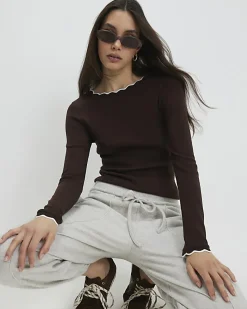 Brown Long Sleeve Scallop Trim Top