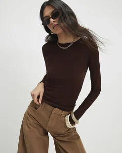 Brown Long Sleeve Semi Sheer Top