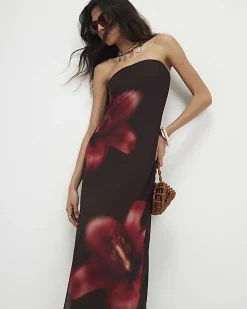 Brown Mesh Floral Bandeau Midi Dress