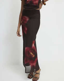 Brown Mesh Floral Print Maxi Skirt