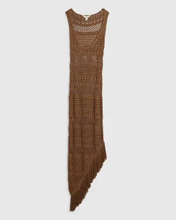 Brown Metallic Knit Asymmetric Midi Dress