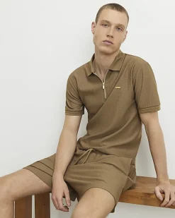 Brown Muscle Fit Quarter Zipped Polo Shirt