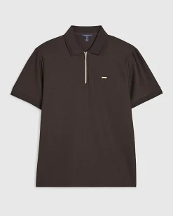 Brown Muscle Fit Textured Zip Polo Shirt