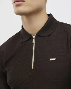 Brown Muscle Fit Textured Zip Polo Shirt