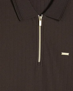 Brown Muscle Fit Textured Zip Polo Shirt