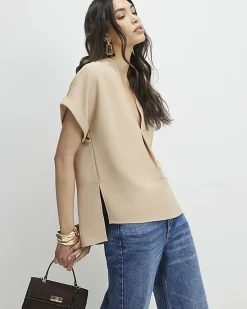 Brown Notch Neck Woven T-Shirt