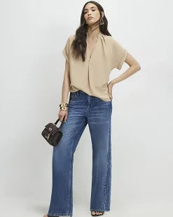 Brown Notch Neck Woven T-Shirt